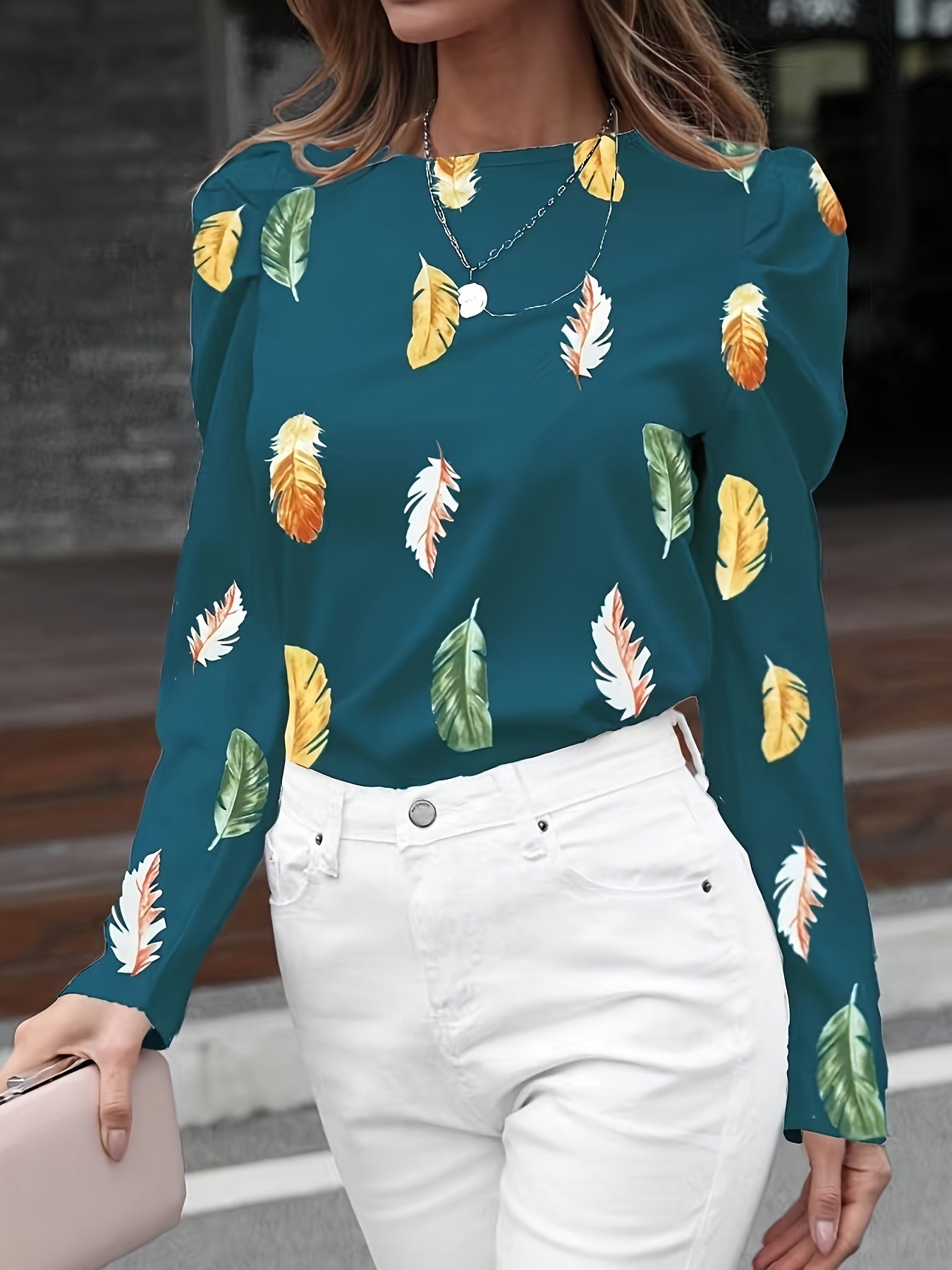 Green Printed Full Puff Sleeves Top