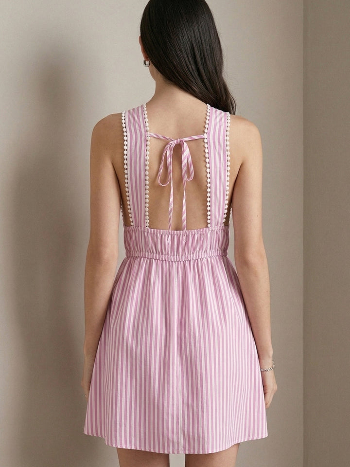 Pink Halter Neck V Neck Striped Dress