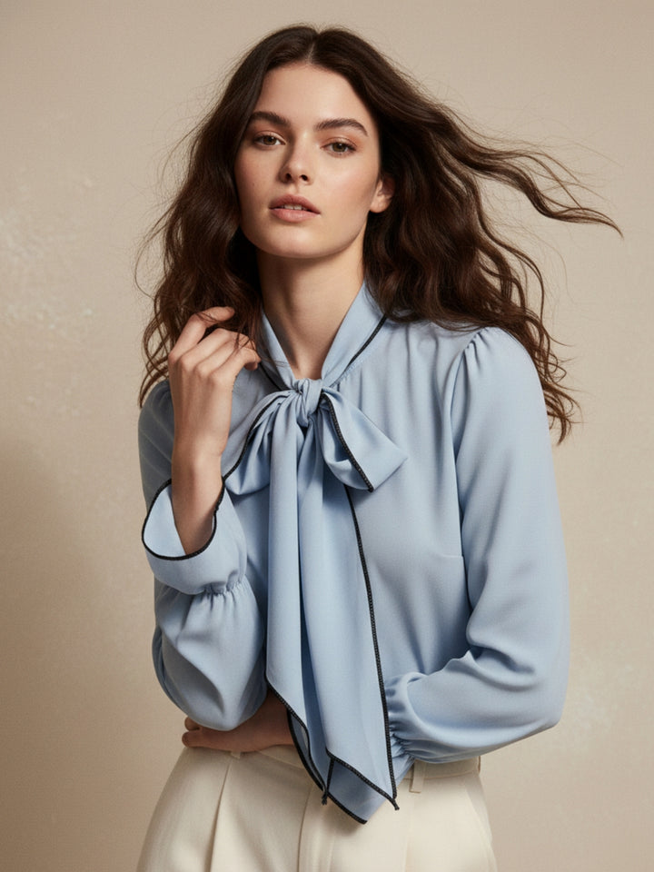 Blue Bishop Sleeve Bow Tie-Up Top