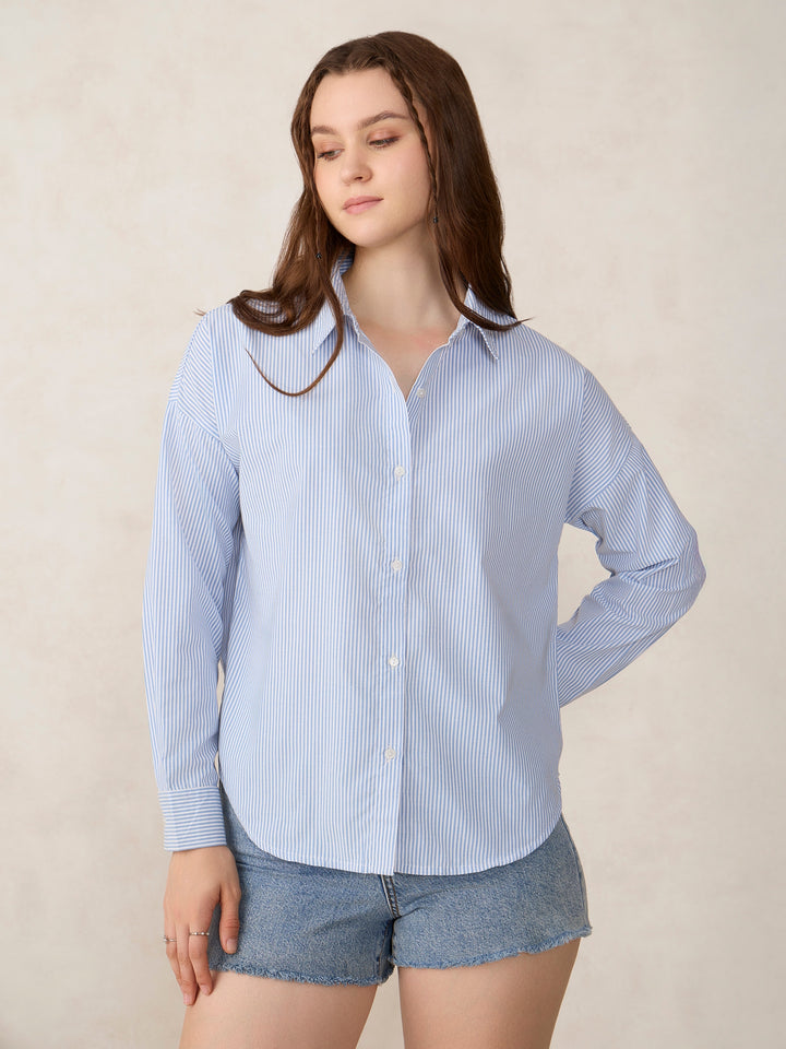 Blue Oversized Drop Shoulder Stripe Shirt