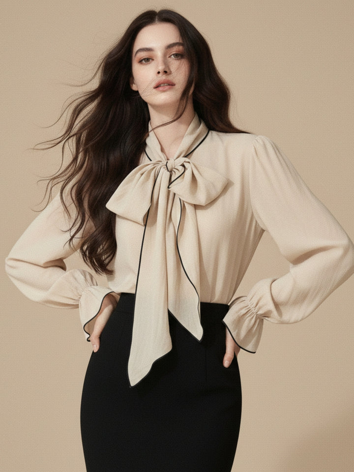 Beige Bishop Sleeve Bow Tie-Up Top