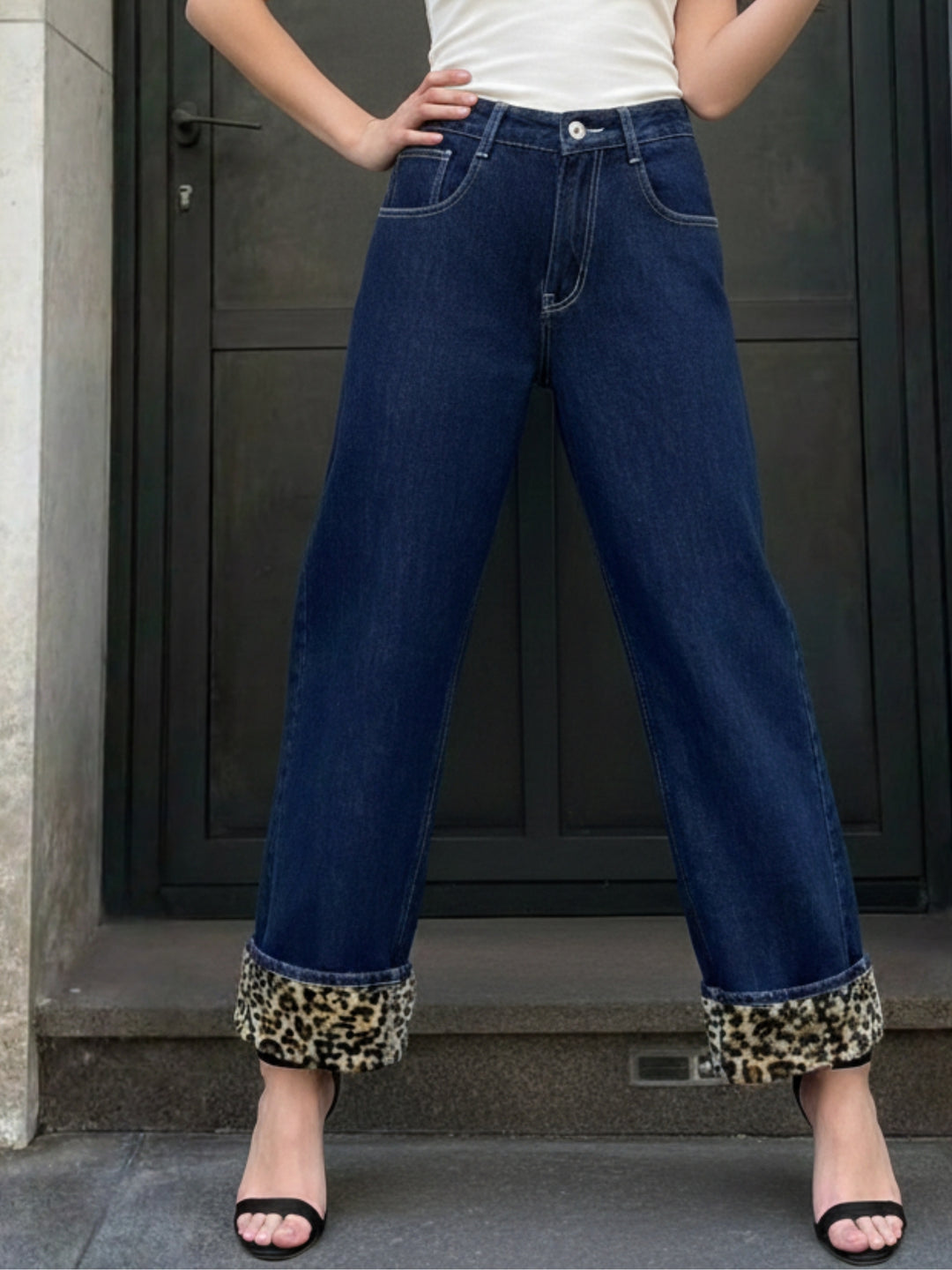 Navy Blue High Waist Denim With Contrast Animal Printed Inserts