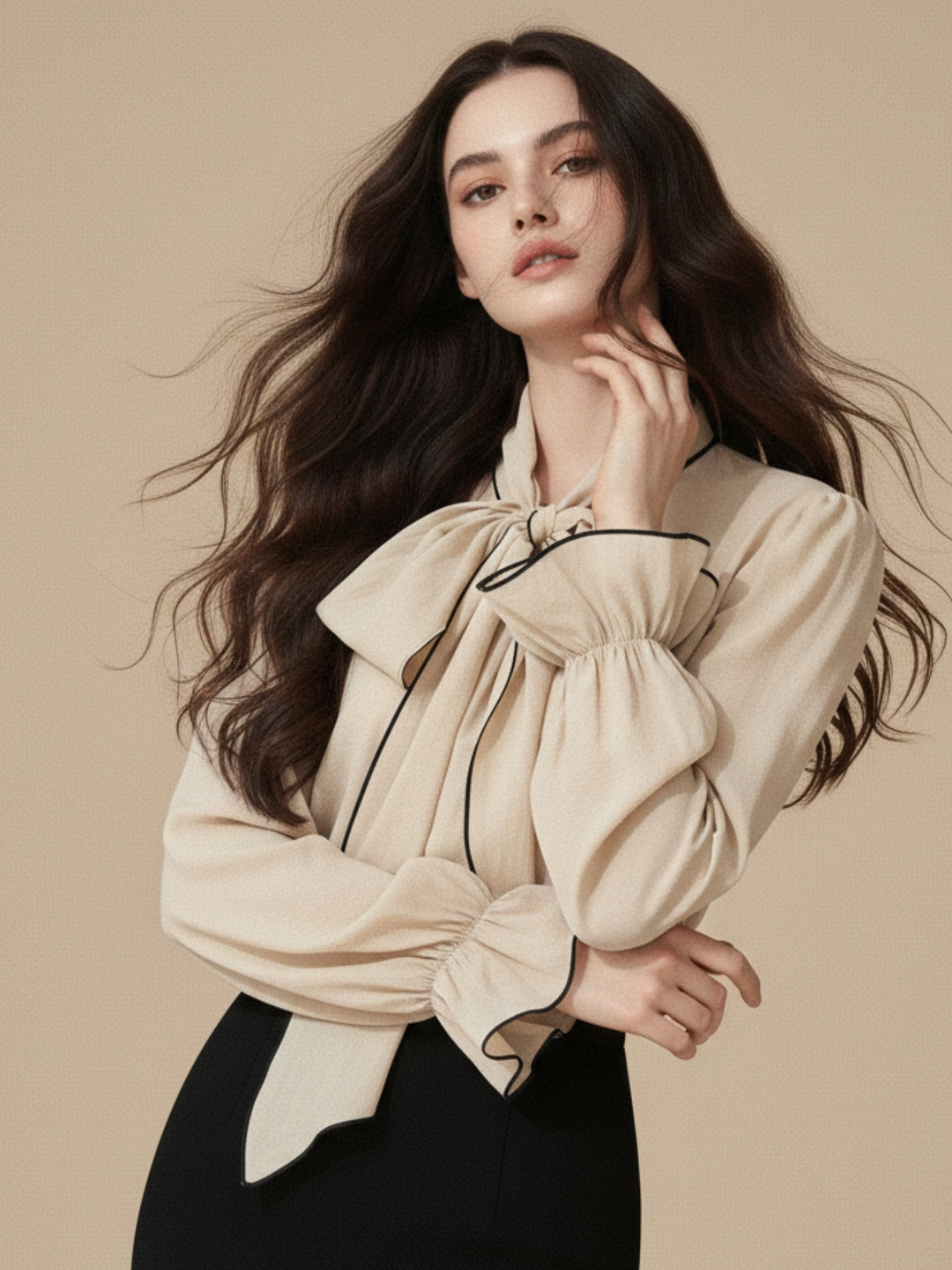 Beige Bishop Sleeve Bow Tie-Up Top