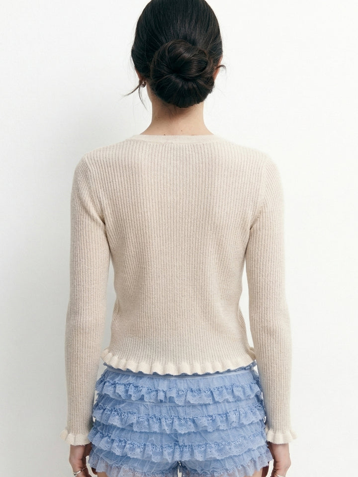 Beige Ruffle Edge 3D Floral Top