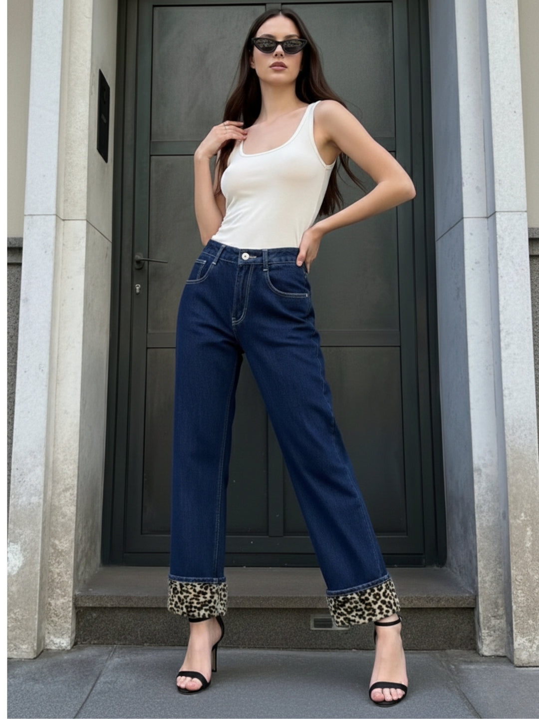 Navy Blue High Waist Denim With Contrast Animal Printed Inserts