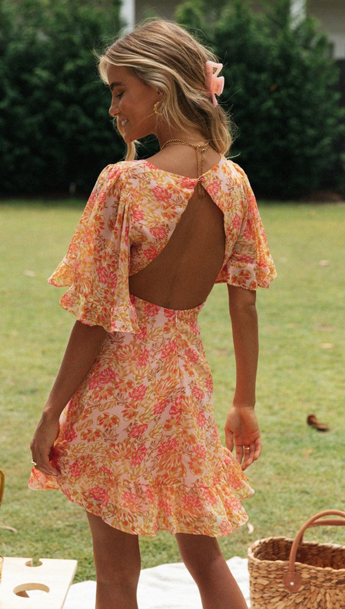 Orange Deep V Neck Printed Flutter Sleeves Dress