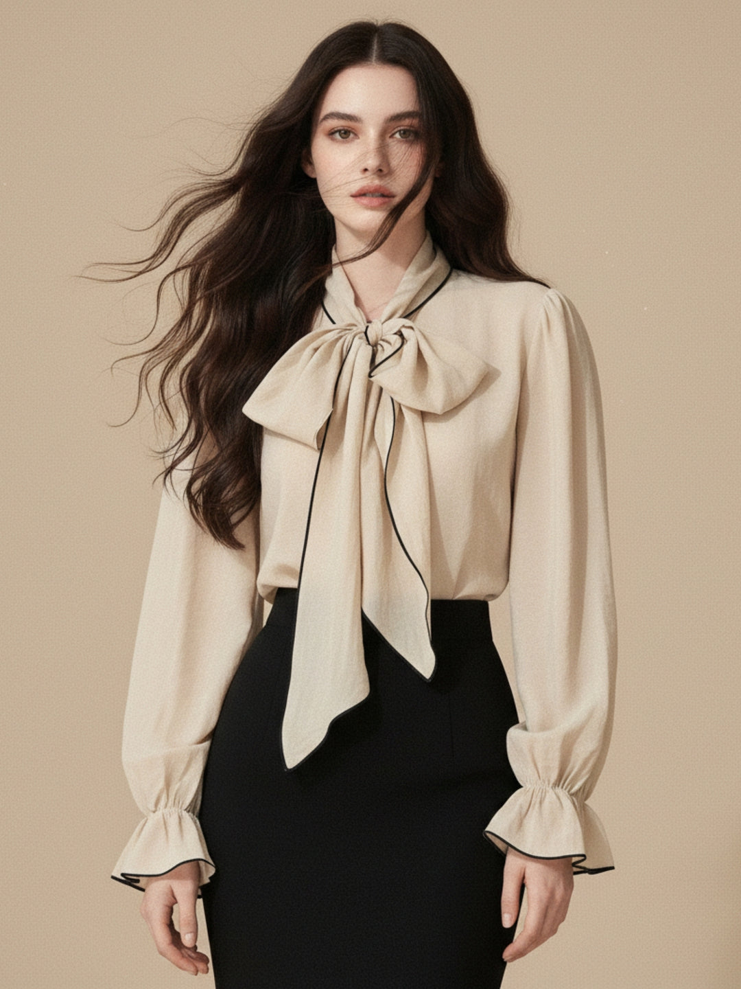 Beige Bishop Sleeve Bow Tie-Up Top