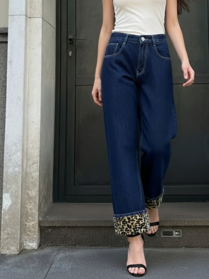 Navy Blue High Waist Denim With Contrast Animal Printed Inserts