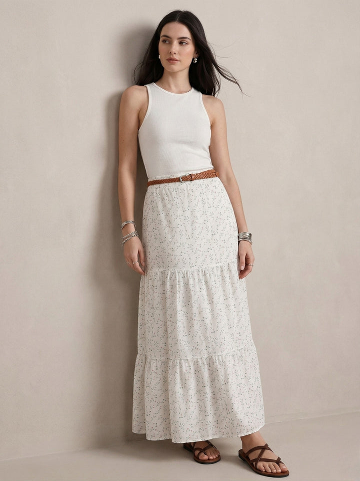 White Sleeveless Fitted Top And Skirt Set
