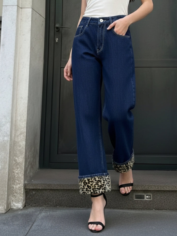 Navy Blue High Waist Denim With Contrast Animal Printed Inserts