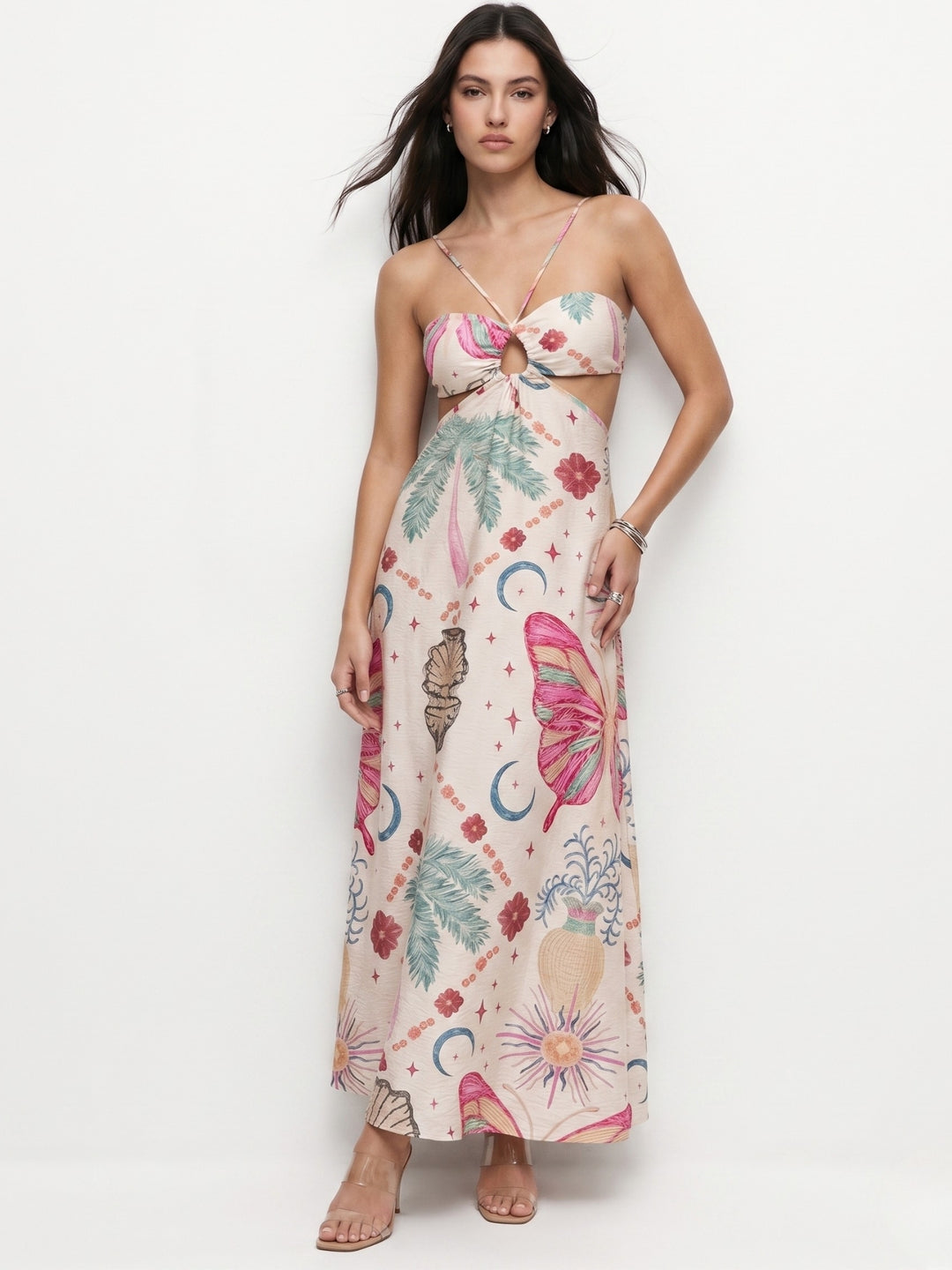 Multi Strappy Halter Neck Printed Maxi Dress
