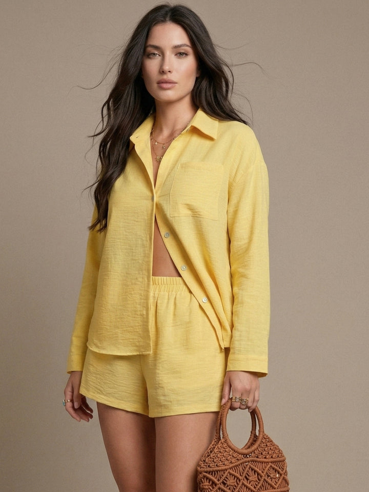 Yellow Full Sleeve Collared Shirt And Shorts Set