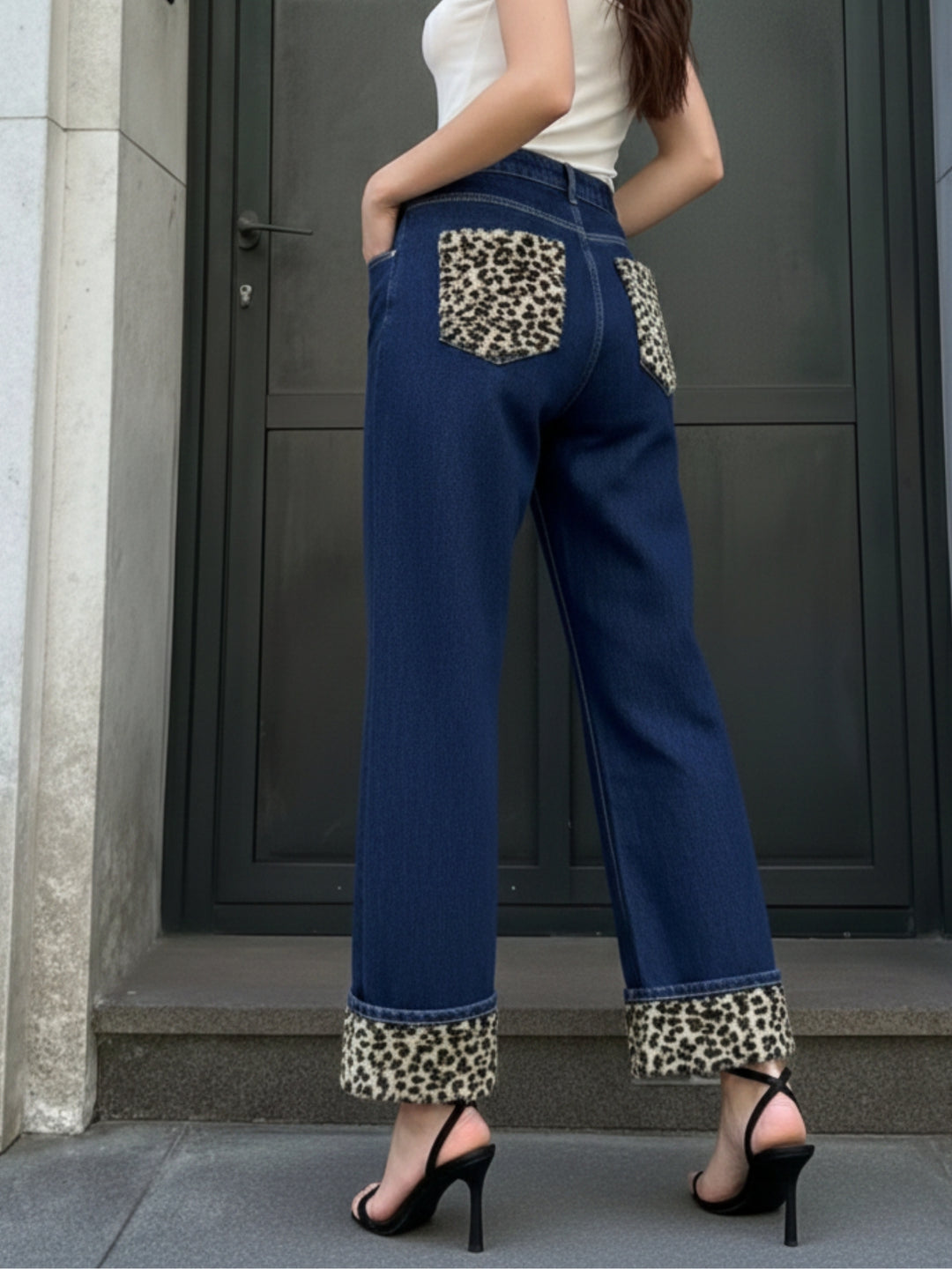Navy Blue High Waist Denim With Contrast Animal Printed Inserts