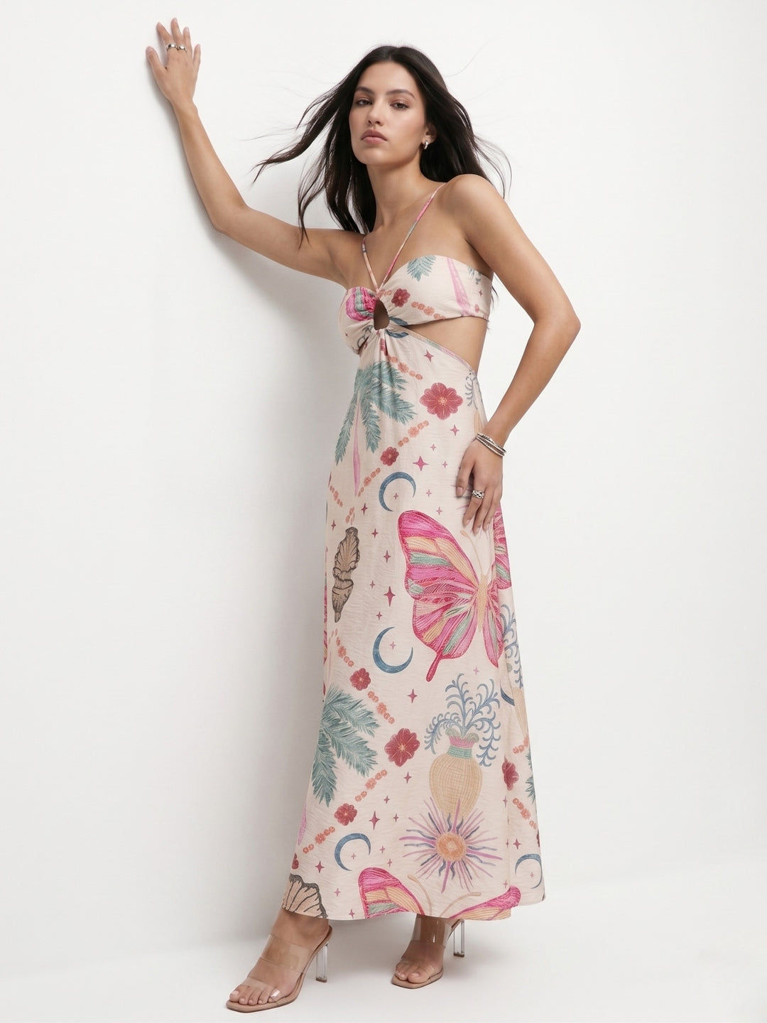 Multi Strappy Halter Neck Printed Maxi Dress