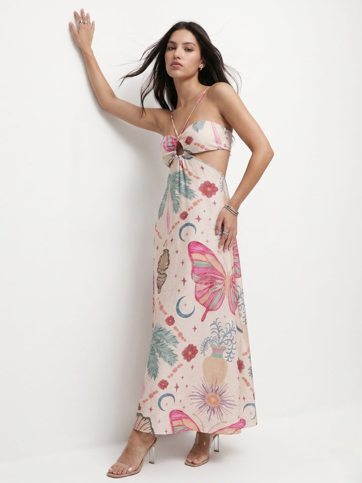 Multi Strappy Halter Neck Printed Maxi Dress