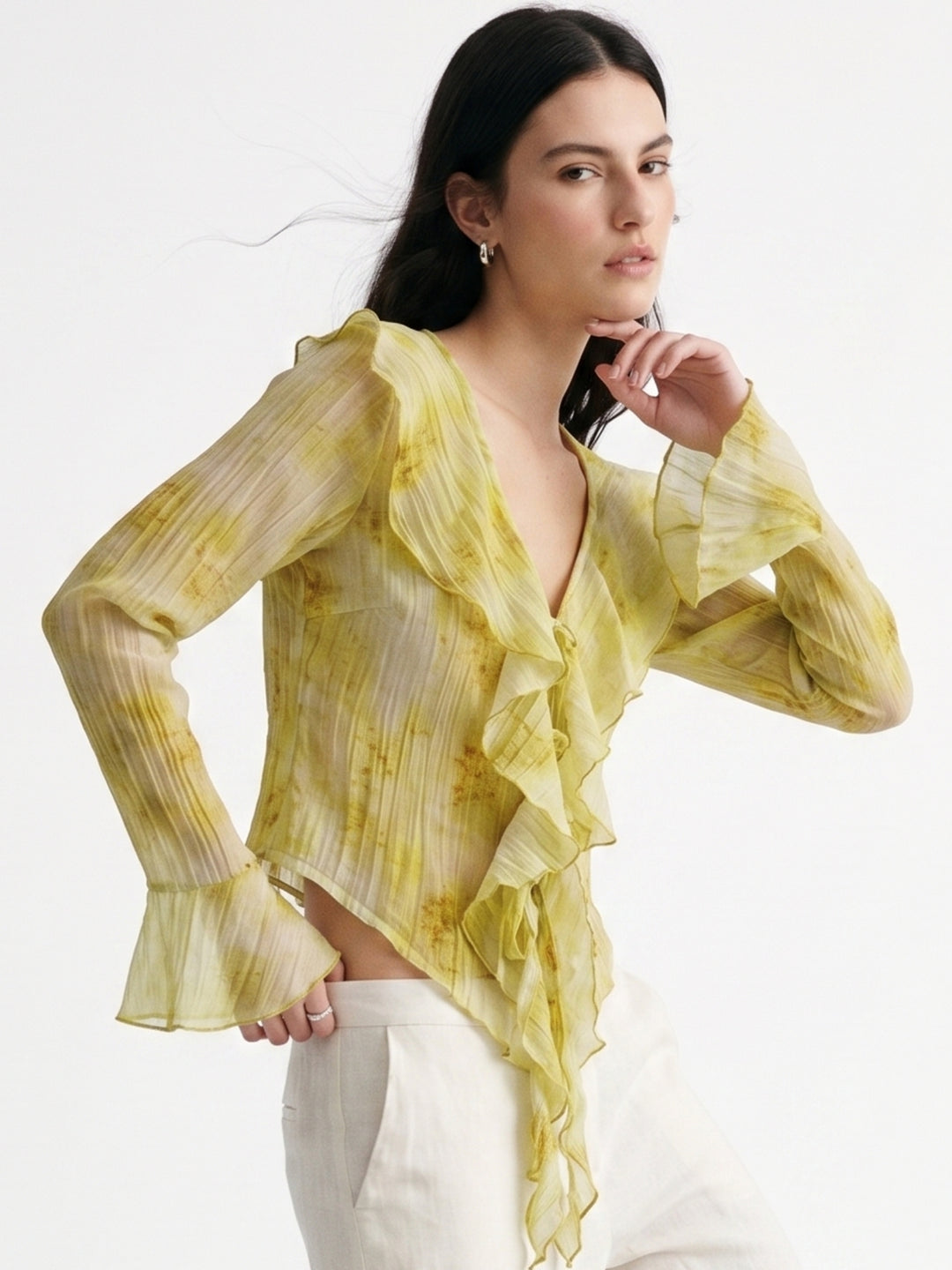 Yellow Printed Front Open Shrug Styled Top