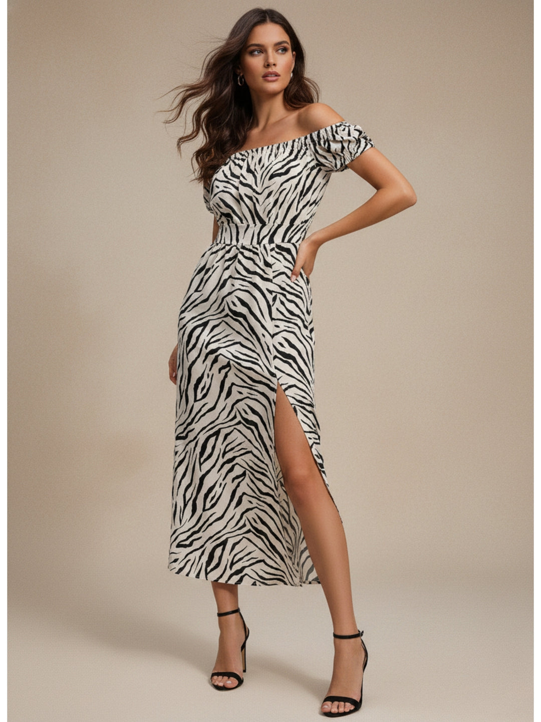 Cream Off Shoulder Slit Dress