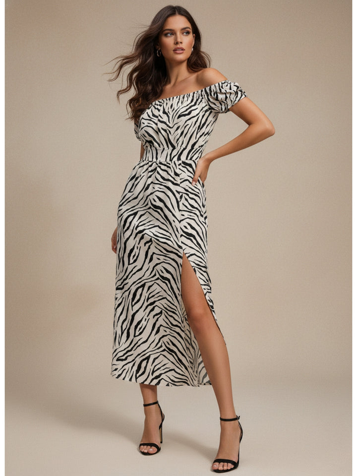 Cream Off Shoulder Slit Dress