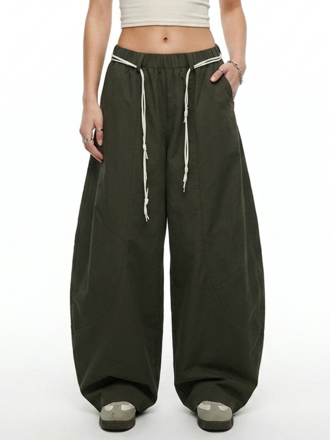 Olive High Waist Contrast Drawstring Pant