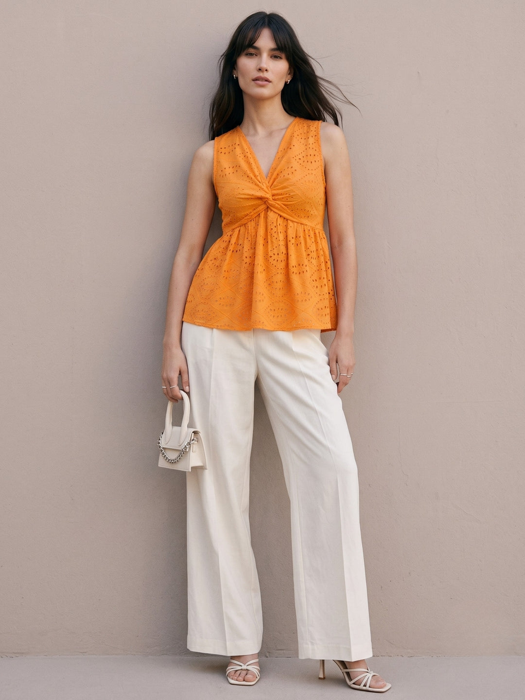 Orange Twist-Front Sleeveless Schiffli Blouse