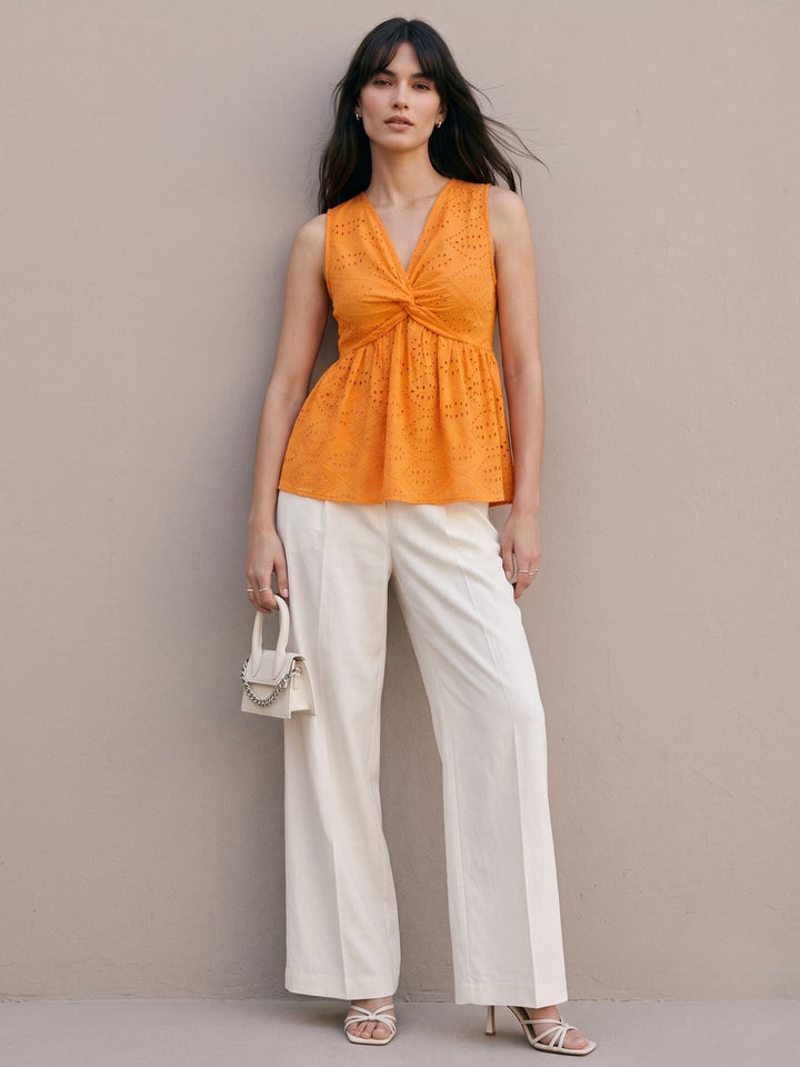 Orange Twist-Front Sleeveless Schiffli Blouse