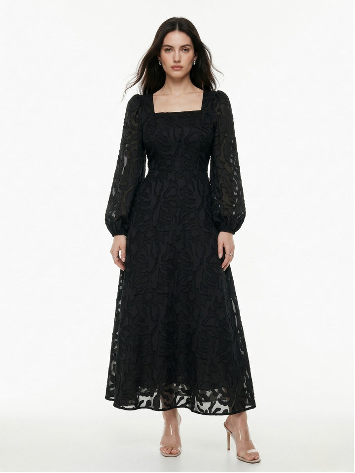 Black Square Neck Textured Floral Embossed Dress