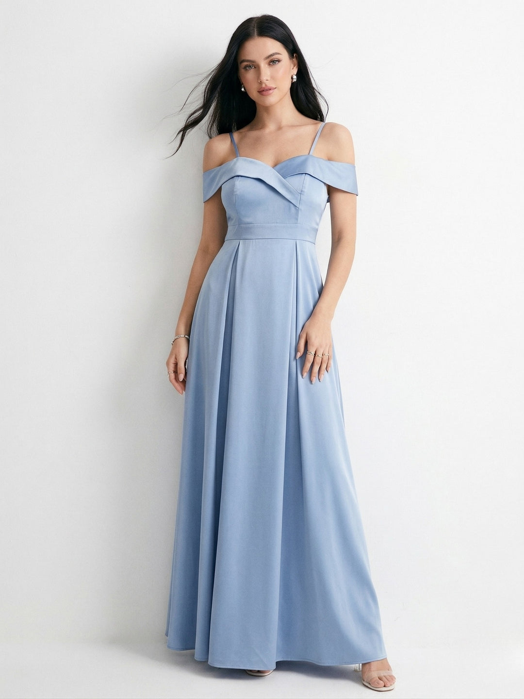 Blue Satin Off Shoulder Gown with Strap Detailing
