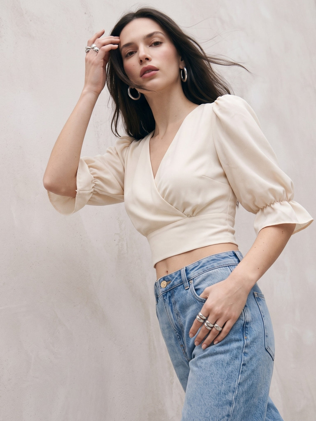 Cream Ruffle Sleeve V-Neck Top