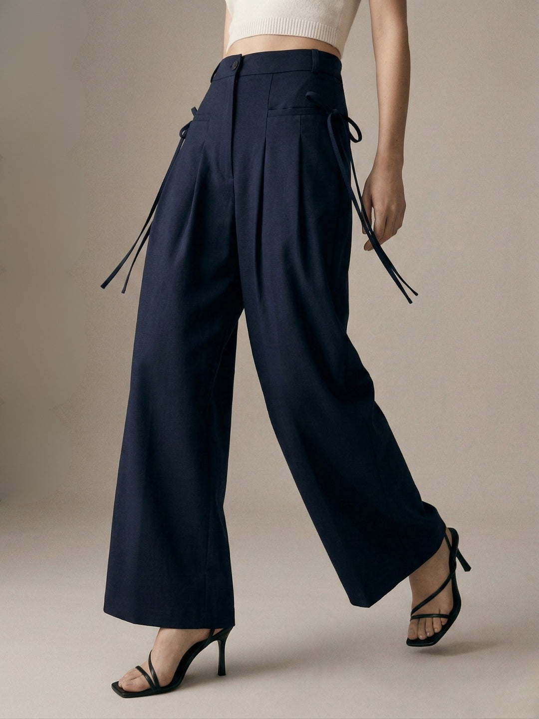 Navy Blue High-Waist Wide-Leg Baggie Pleated Trouser