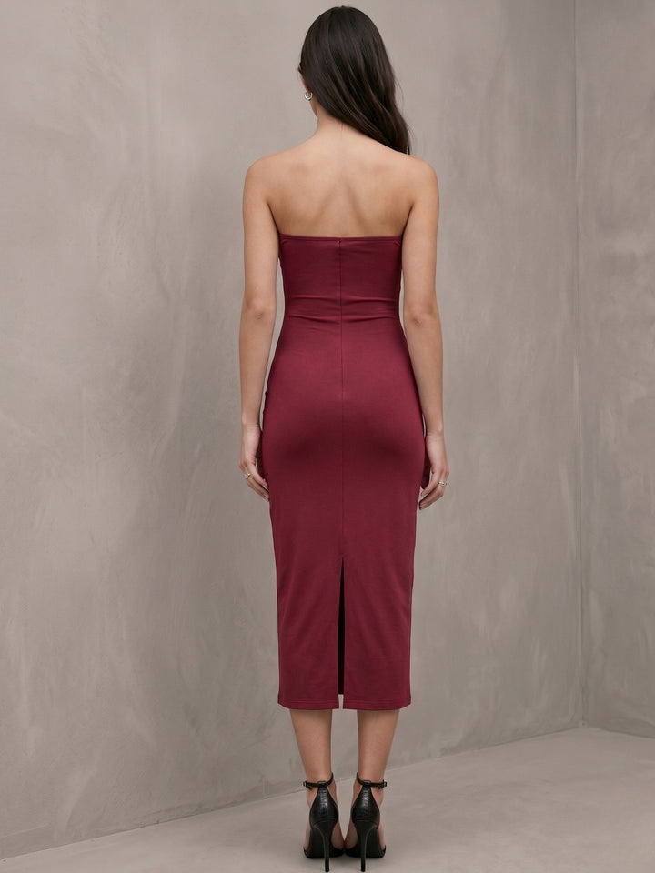 Red Strapless Flower Attached Dress