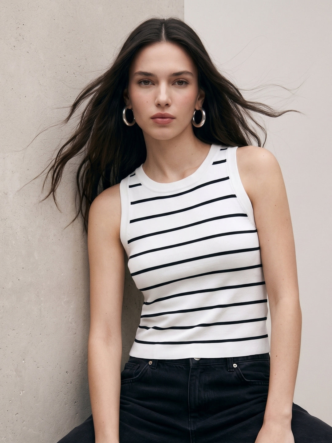 White Sleeveless Basic Striped Tank Top