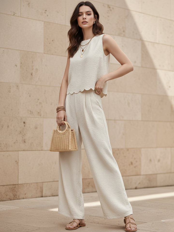 Off White Sleeveless Scallop Hem Back Tie Top Up And Pant Set