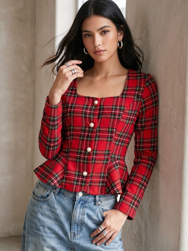 Red Checkered Square Neck Full Sleeve Blouse