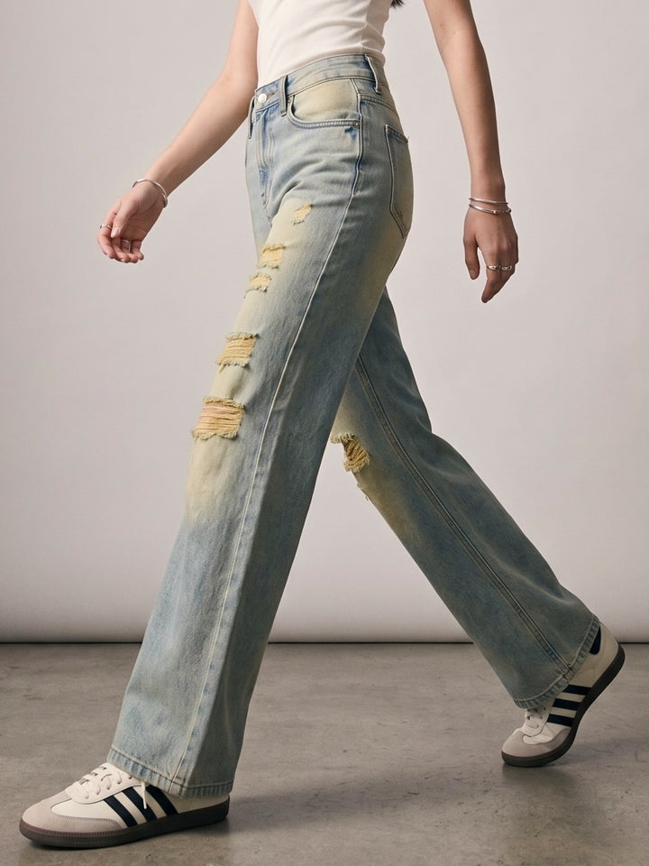 Blue Distressed Washed Out Straight Fit Jeans