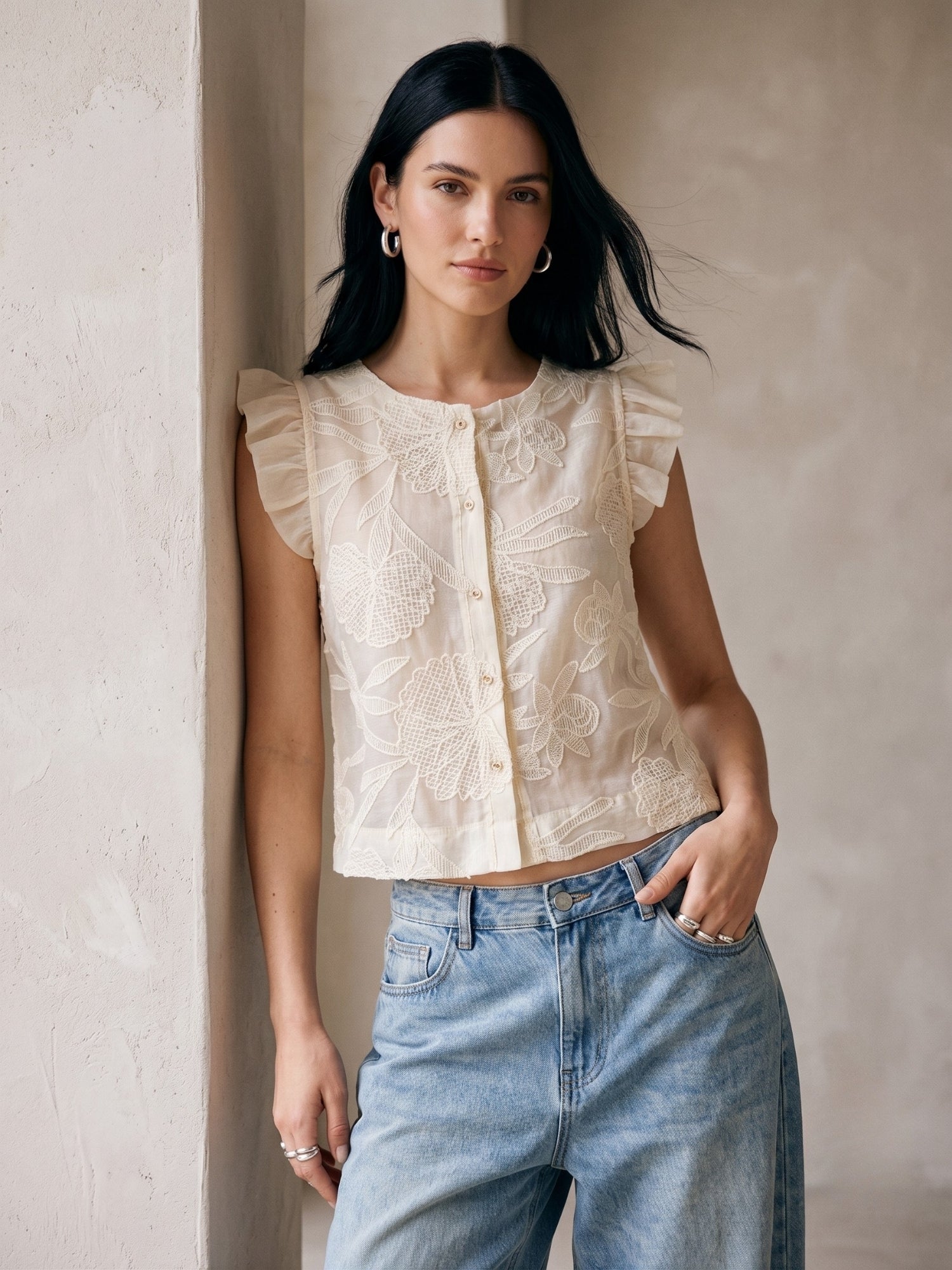 White Textured Button Down Blouse