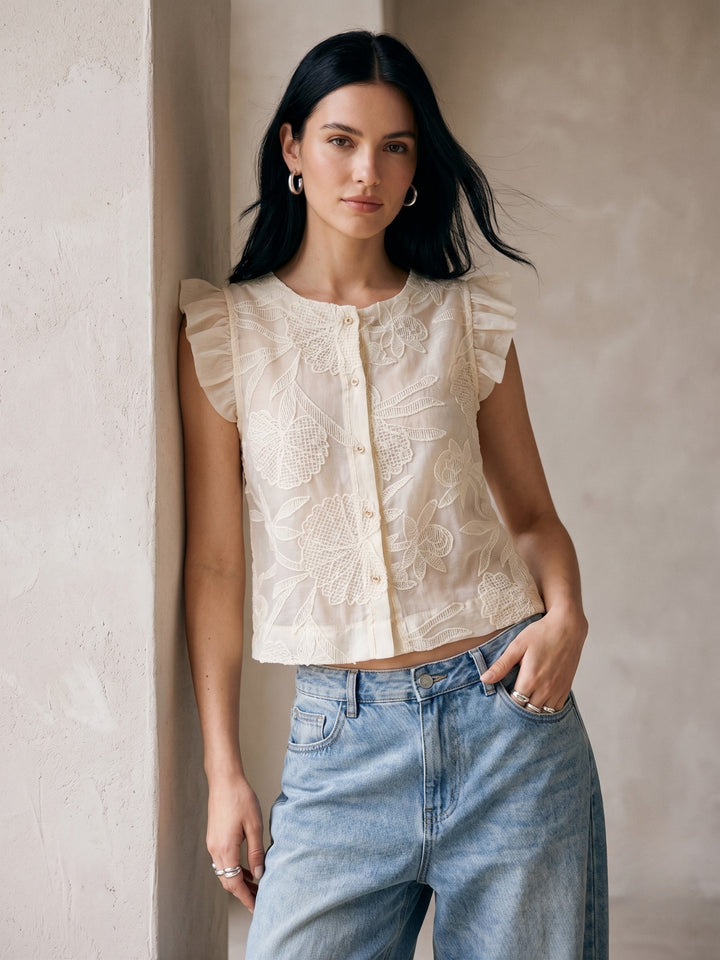 White Textured Button Down Blouse