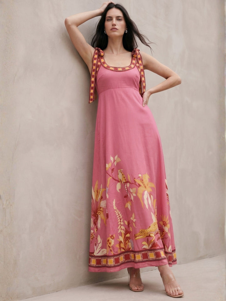Pink Shoulder Tie-Up Printed Dress