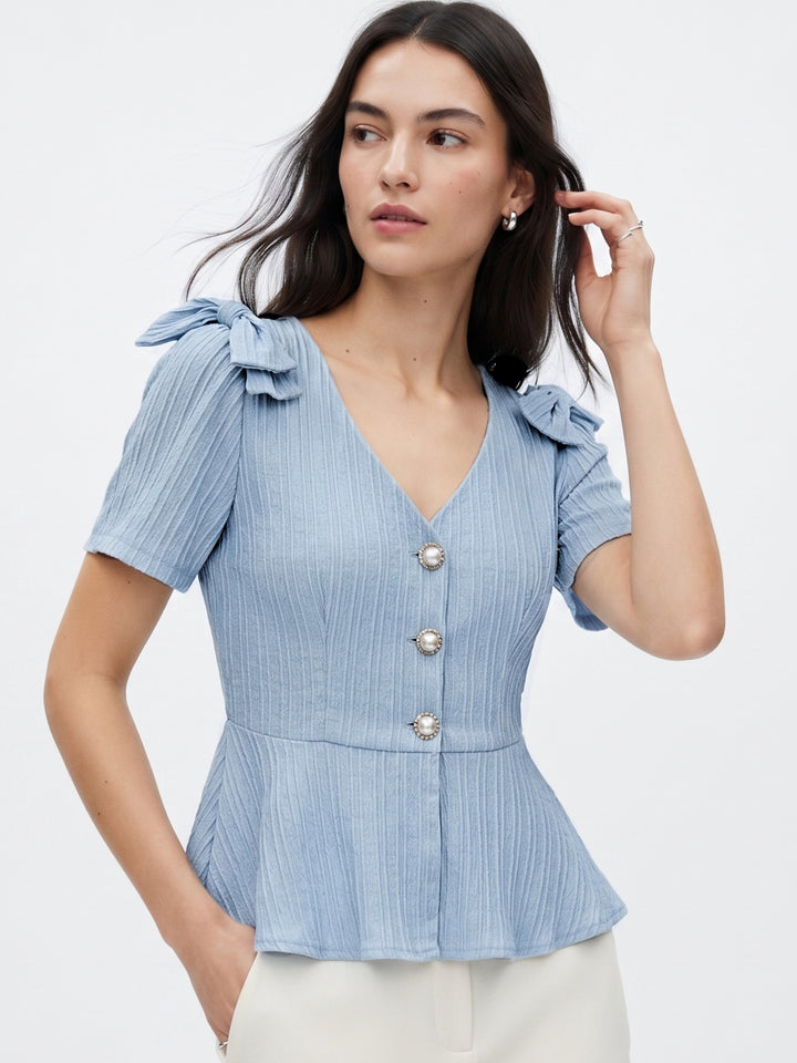 Light Blue Shoulder Bow Front Buttoned Textured Top