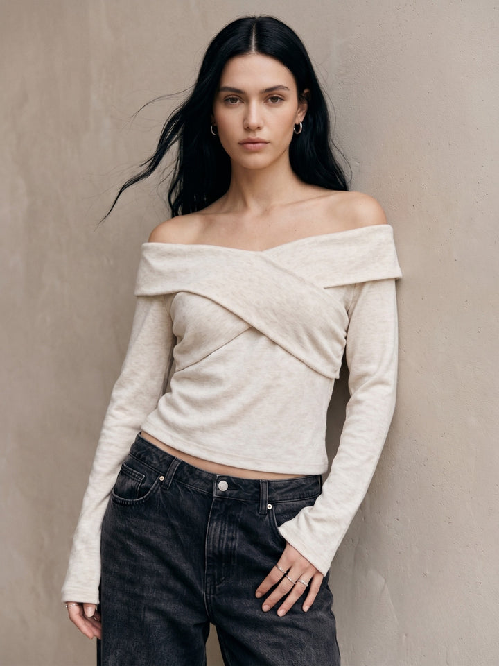 Cream Criss Cross Off-Shoulder Fitted Top