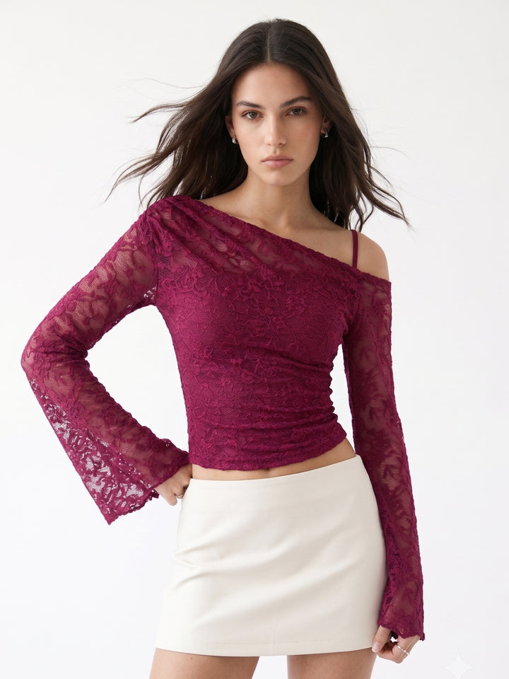 Maroon One Shoulder Bell Sleeve Lace Top