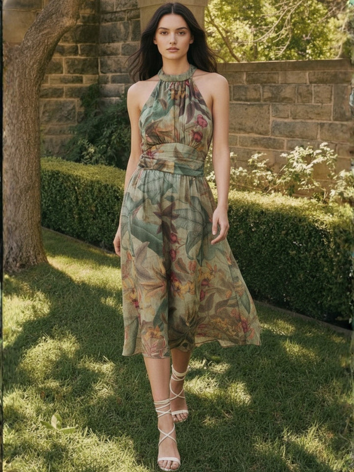 Green Printed  halter-neck maxi dress