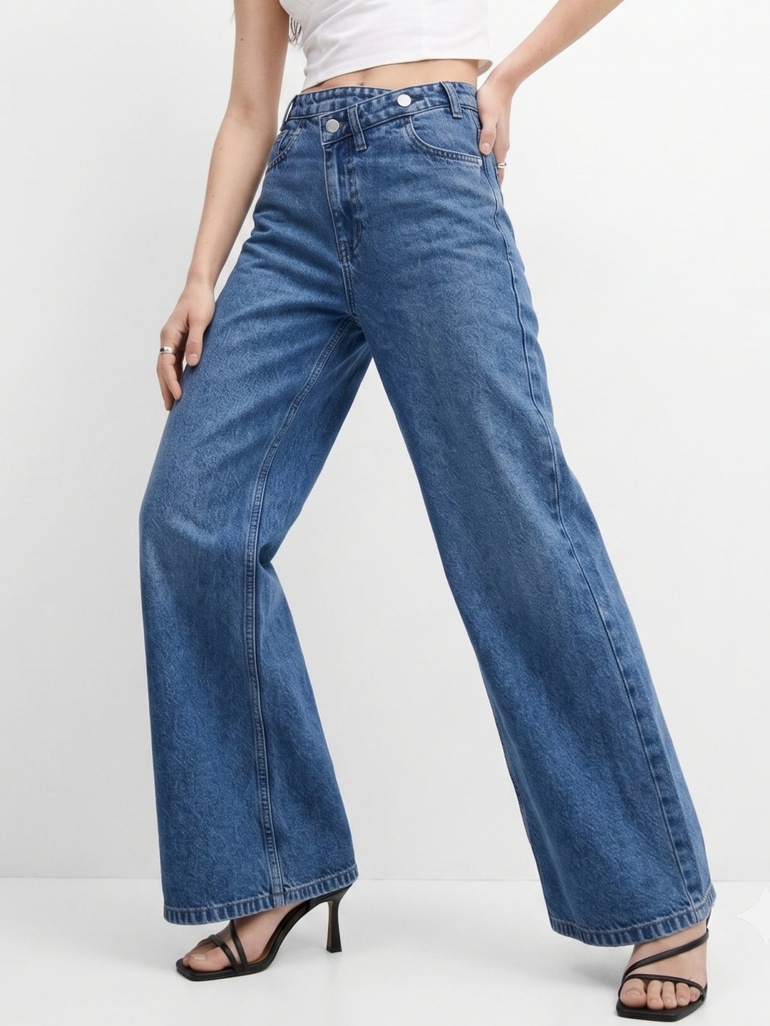 Blue High-Rise Asymmetric Waist Wide Jeans