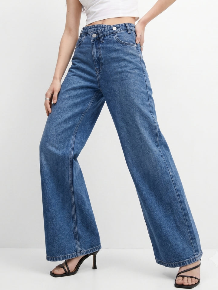 Blue High-Rise Asymmetric Waist Wide Jeans