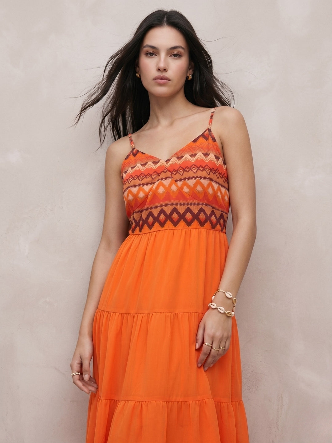 Orange Shoulder Strap Back Bow Tiered Dress