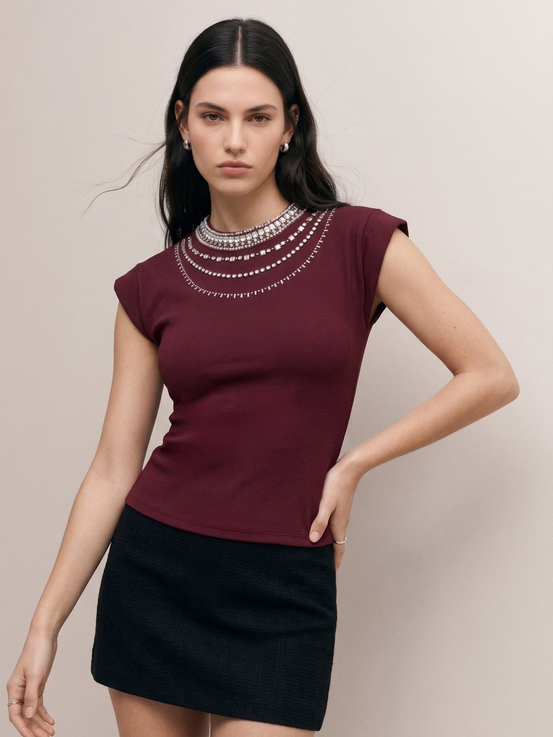 Wine High Neck Cap Sleeved Top With Layered Embellishments