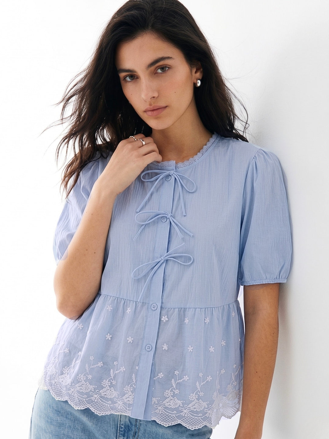 Light Blue Front Tie-Up Scallop Hem Top