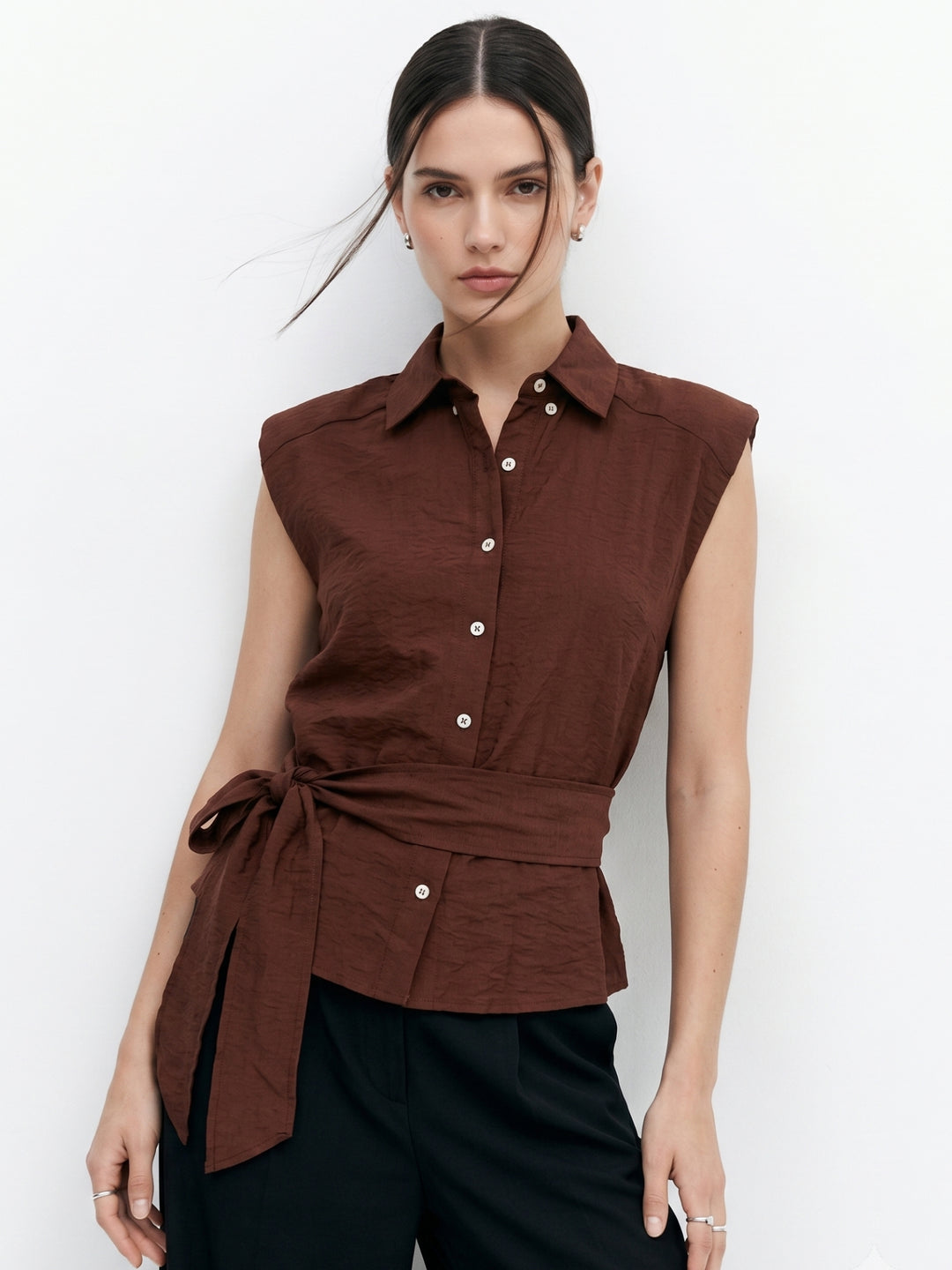 Brown Waist Tie-Up Front Buttoned Top