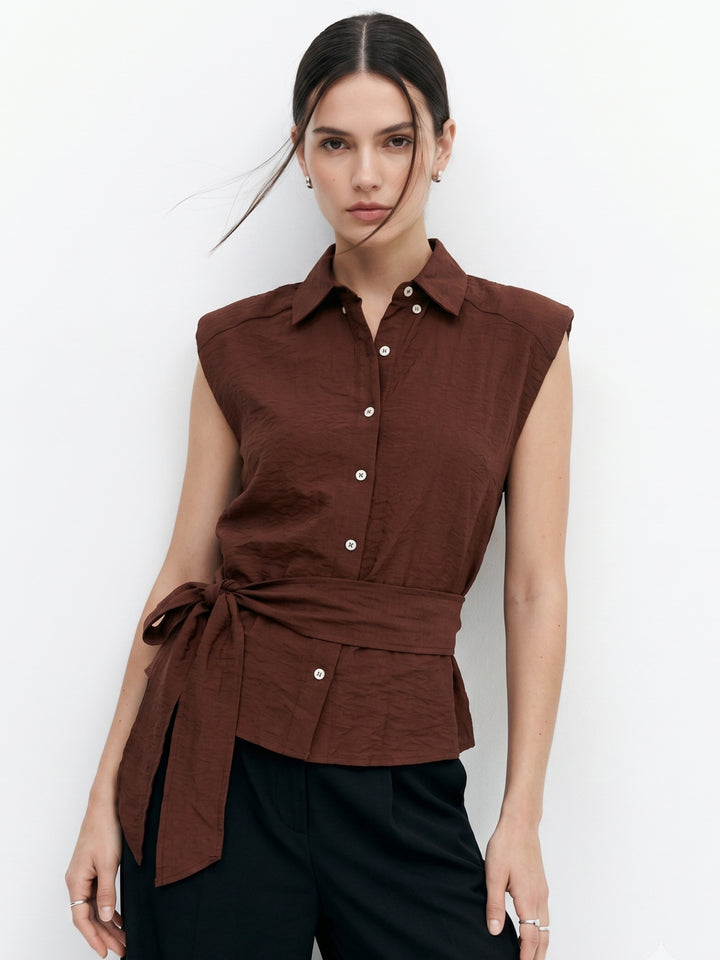 Brown Waist Tie-Up Front Buttoned Top