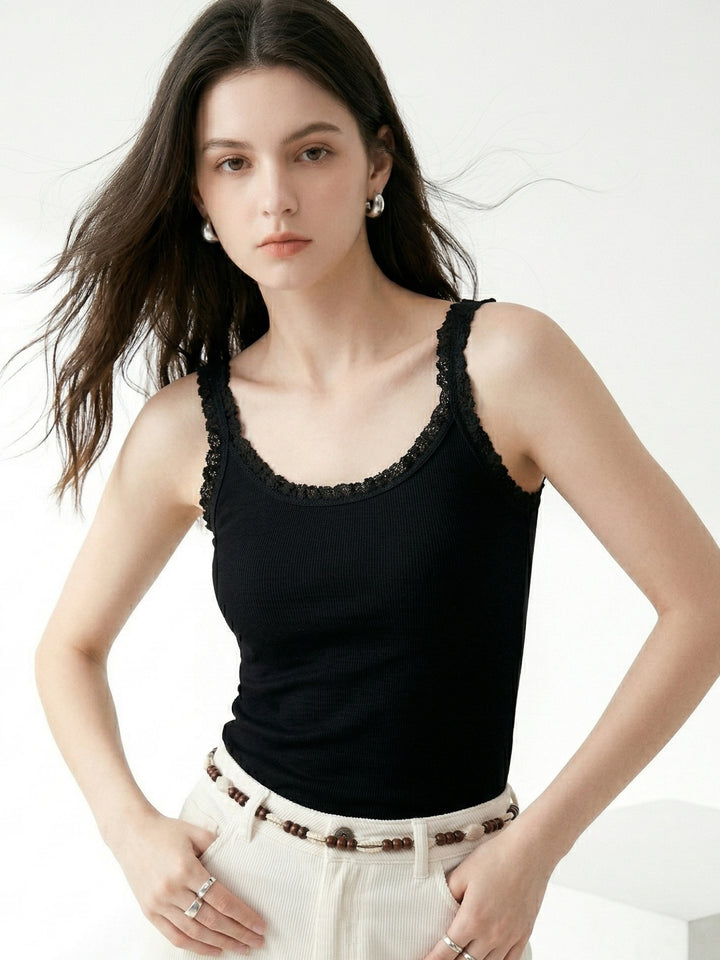 Black Ruffle Edge Fitted Top