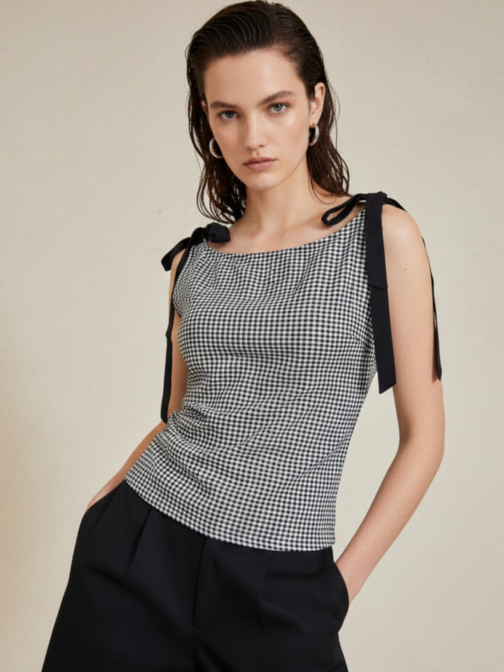Black Boat Neck Ghingham Knotted Bow Top